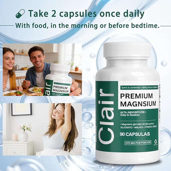 Clair Magnesio Premium Supplement, Premium Magnesium Glycinate, Non-GMO Ingredients, Daily Routine, Vegan-Friendly 90 Capsules