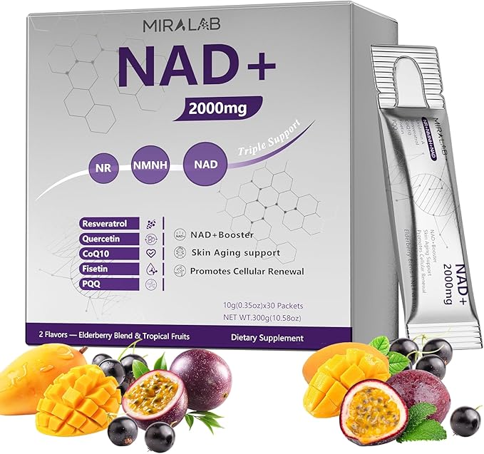 NAD+ Supplement 1000mg Liquid Packets, Nicotinamide Riboside, Trans-Resveratrol, PQQ & Quercetin Complex for Cellular Energy & Healthy Aging Support - 2 Flavors (30 Count)