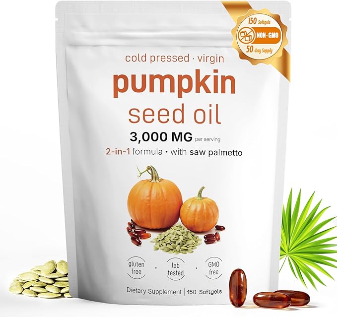 Pumpkin Seed Oil with Saw Palmetto - Cold-Pressed Softgels for Hair Growth & Prostate Support - Organic Supplement for Men & Women, Non-GMO, 150 Softgels