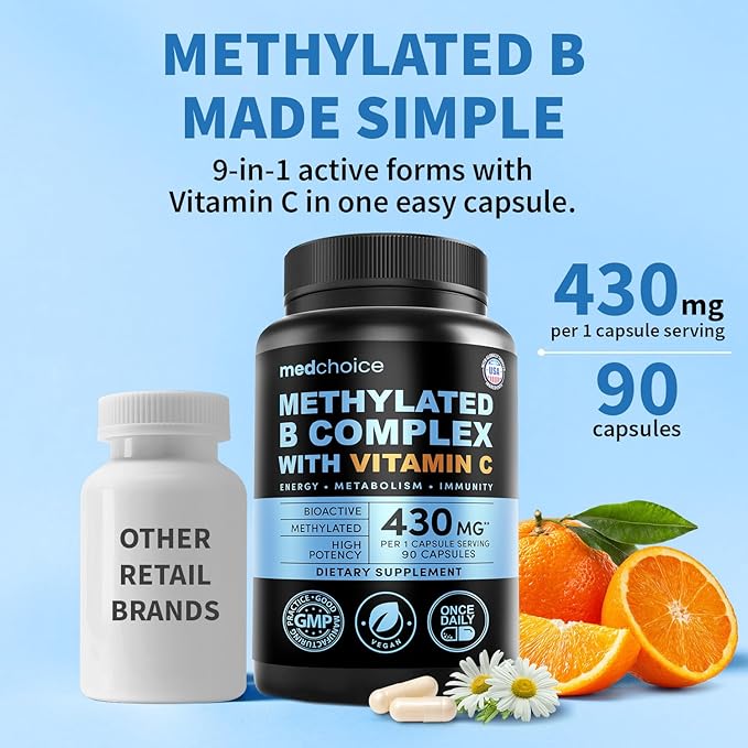 9-in-1 Vitamin B Complex - Methylated Multivitamin with B12 Methylcobalamin, Methylfolate, L-5-MTHF & Vitamin C - Methylated B Complex for Women & Men - Non-GMO, Gluten-Free (90 Servings) (3-Pack)