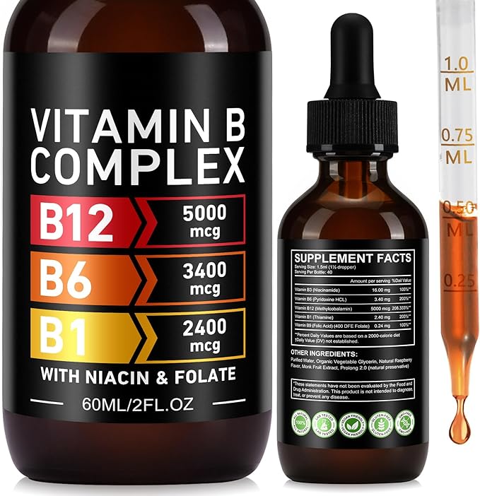 Organic Vitamin B Complex Drops for Men & Women | Vitamin B12 Methylcobalamin, B6, B1, B9 for Metabolic Health Support | Immune Support, Non-GMO, Gluten Free - 2 Month Supply 60ML