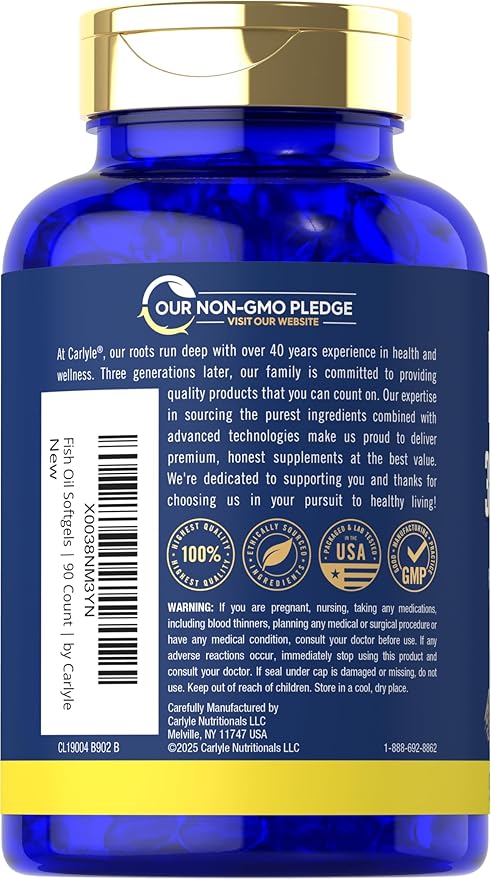 Carlyle Fish Oil 3000mg | 900mg Omega 3 | 90 Softgels | Lemon Flavor | Non-GMO and Gluten Free Supplement