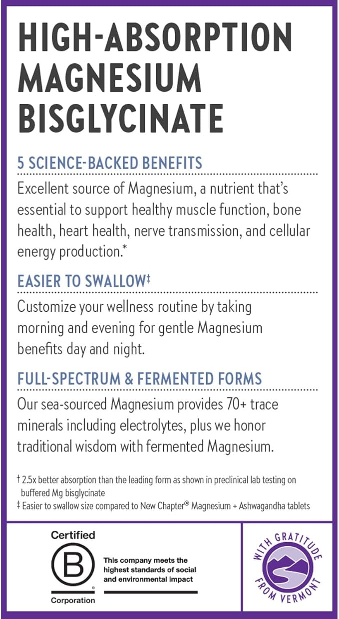 New Chapter Magnesium Complex Supplement, 325mg with Magnesium Glycinate + Sea-Sourced + Fermented Forms for Heart, Bone, Nerve, Muscle & Cellular Energy, 100% Vegan, 180 Tablets