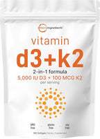 Micro Ingredients Vitamin D3 5,000 IU + K2 MK-7 100 mcg, 180 Softgels | 2-in-1 Formula | Easy to Swallow, Non-GMO