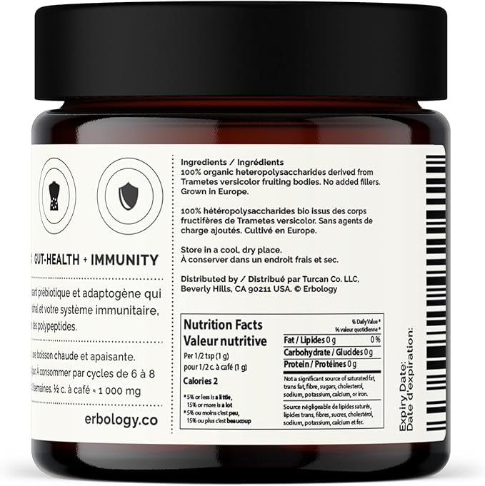 Erbology Organic Turkey Tail Mushroom Powder 40 Servings - 22% Beta-glucans - Prebiotic and Gut Nourishing - Trametes Versicolor - Small Batch - Sustainably Grown in Europe - Vegan - Non-GMO