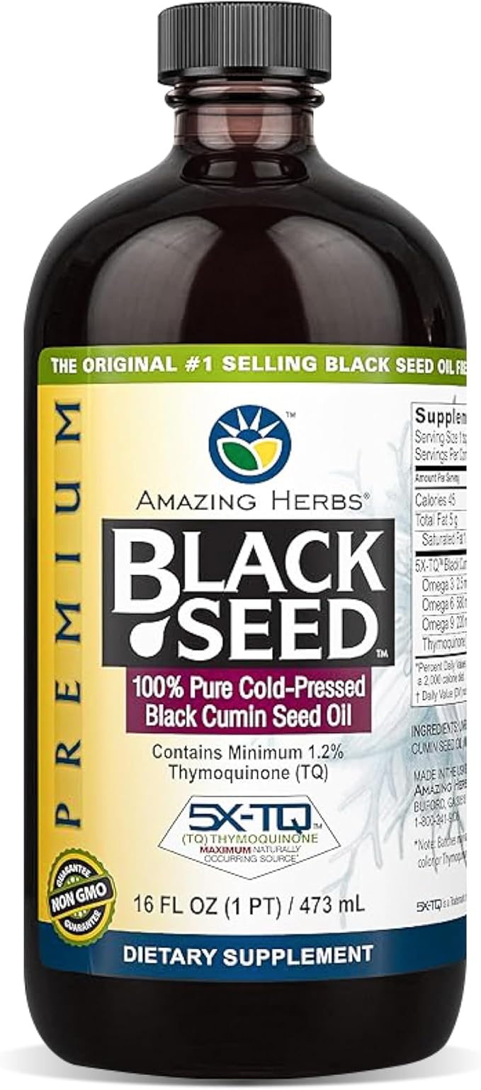 Amazing Herbs Premium Black Seed Oil - Cold Pressed Nigella Sativa Aids in Digestive Health, Immune Support, Brain Function, Joint Mobility, Gluten Free, Non GMO - 16 Fl Oz