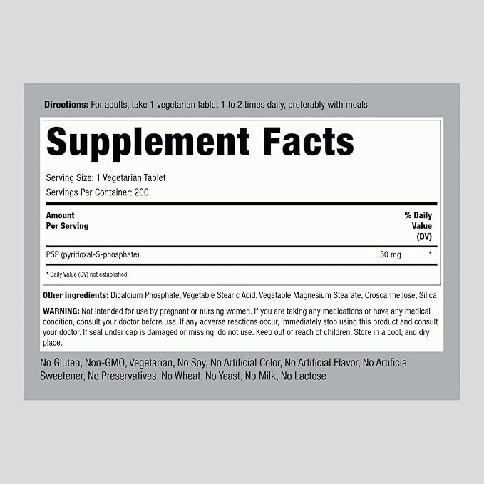 Piping Rock P5P Vitamin B6 | 50mg | 200 Tablets | Pyridoxal 5-Phosphate Supplement | Vegetarian, Non-GMO, Gluten Free
