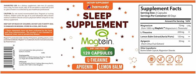 Magtein Magnesium L Threonate Supplement with L Theanine, Lemon Balm and Apigenin, High Absorption 120 Purified Veggie Capsules, 1400 mg, Gluten Free, Non-GMO, Vegetarian