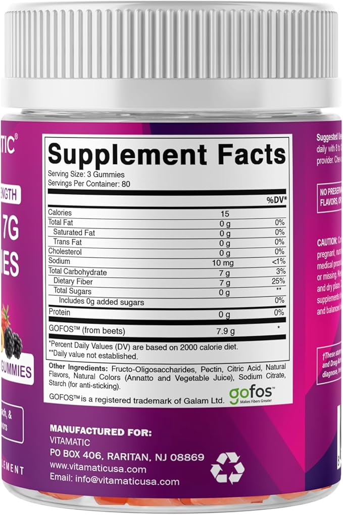 Vitamatic Prebiotic Fiber Gummies for Adults, 7G Extra Strength, Zero Sugar Added, 240 Pectin Based Gummies, Digestive Health & Regularity Support