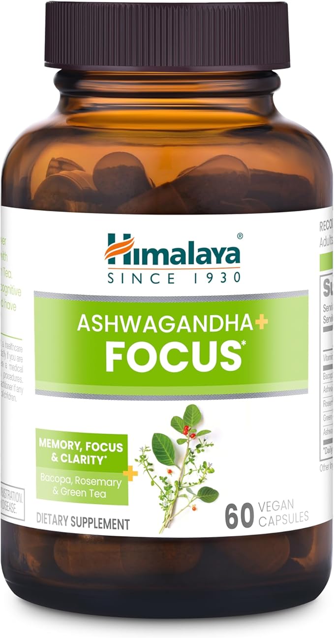 Himalaya Ashwagandha+ Focus - Herbal Focus Supplement with B12, Rosemary, Green Tea, and Bacopa Nootropics for Memory and Clarity - Vegan, Non-GMO, Gluten Free, 1690 mg, 60 Caplets