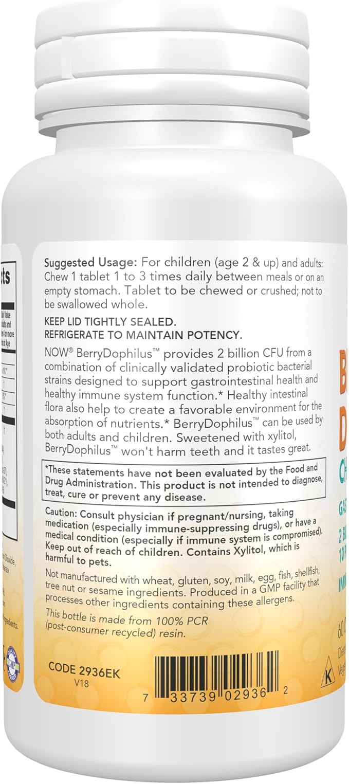 NOW Foods Supplements, BerryDophilus™ with 2 Billion, 10 Probiotic Strains, Xylitol Sweetened, Strain Verified, 60 Chewables, packaging may vary