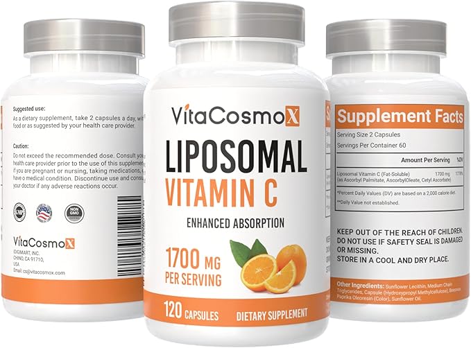 Liposomal Vitamin C Supplement, 1700mg, 120 Capsules 100% Vegetarian, Non-GMO & Gluten Free, High Absorption - 2 Pack