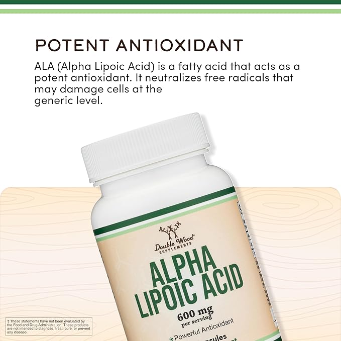 Alpha Lipoic Acid 600mg per Serving, 60 Capsules (Third Party Tested, Non-GMO, Gluten Free, Vegan Safe) Cellular Energy Support (ALA Supplement) by Double Wood