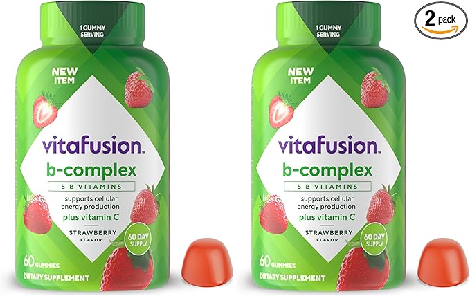 Vitafusion B-Complex Gummy Dietary Supplements, with 5 B Vitamins to Support Cellular Energy Production (1), Plus Vitamin C, Strawberry Flavor, 60 Count (Pack of 2)