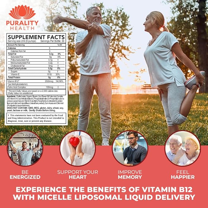 PURALITY HEALTH Micelle Liposomal Liquid Vitamin B12 with Fulvic Acid, 2500 mcg. Combined Methylcobalamin with Organic Glycerin Extract Maximum Absorption, Energy Boost, Vegan Friendly