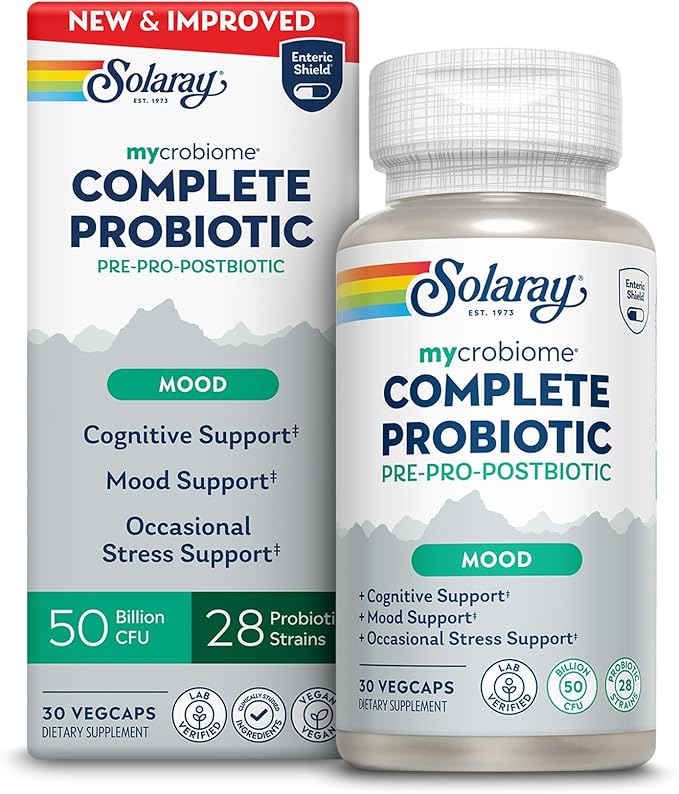 SOLARAY Mycrobiome Complete Probiotic Mood Formula - Pre and Probiotics for Women and Men Plus Postbiotic - 50 Billion CFU, 28 Strains - Vegan, Clinically Studied Ingredients - 30 Servings, 30 VegCaps