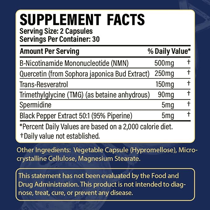 NMN Supplement 500 mg (Nicotinamide Mononucleotide) - 6-in-1 NAD Supplement with Quercetin | TMG | Resveratrol | Spermidine| Black Pepper Extract for Cellular Support 60 Capsules