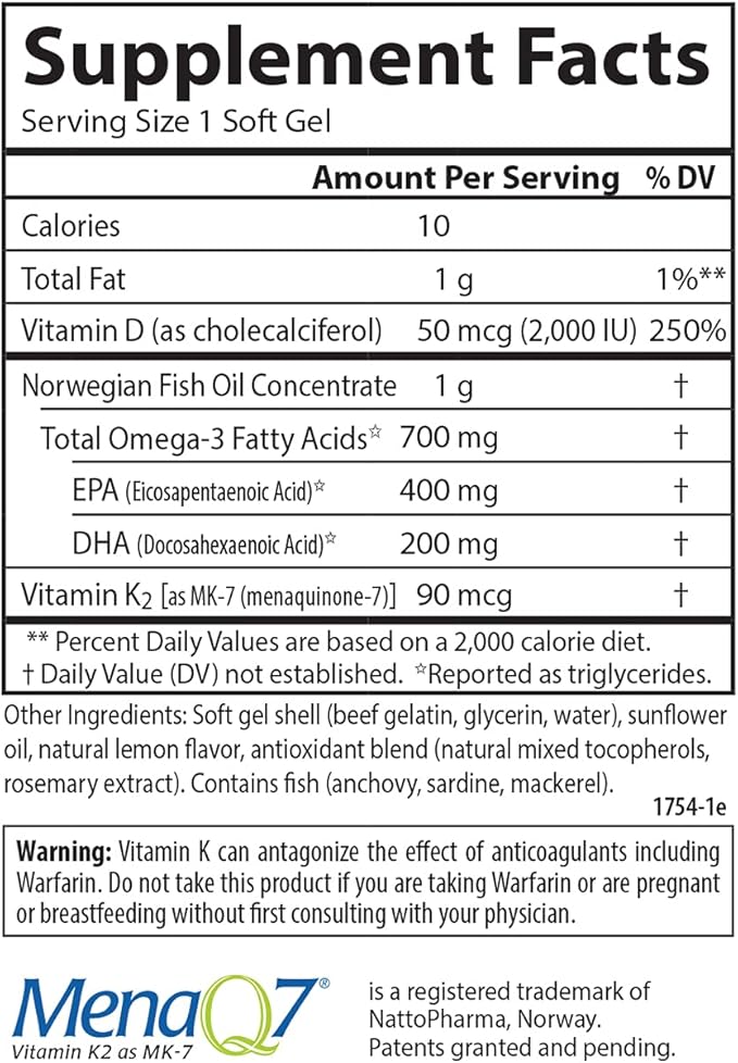 Carlson - Elite Omega-3 Plus D & K, 700 mg Omega-3s + D3 & K2, Function, Bone Health & Immune Support, Lemon, 60+30 Softgel