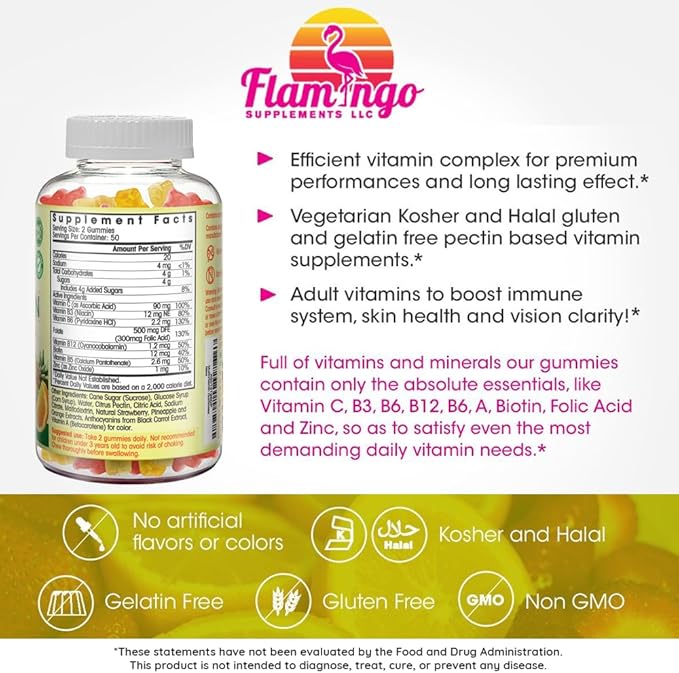 Flamingo Supplements Multivitamin Gummies | Vegan Friendly, Kosher Halal NO Gluten or Gelatin, no GMO| for Men, Women & Kids| 3 Natural Flavors | Vitamins C, B3, B12, Biotin, Zinc & More| 100 Gummies