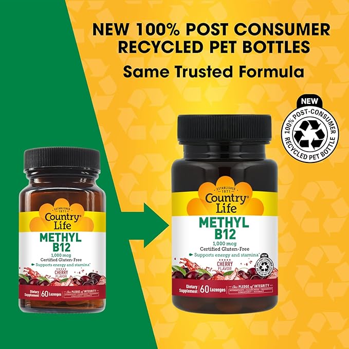 Country Life Methyl B12, Supports Energy & Stamina, 1000mcg, 60 Lozenges, Certified Gluten Free, Certified Vegan