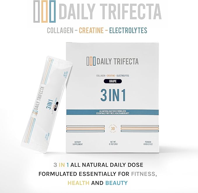 DAILY TRIFECTA 3-in-1 Collagen, Creatine & Electrolyte Stick Packs | Type I Collagen, Creatine Monohydrate, Zero Sugar | 30 Natural Single-Serve Packets | Strength, Hydration & Recovery (Grape)