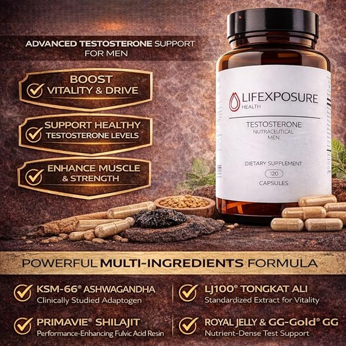 Natural Testosterone Supplement for Men - KSM-66 Ashwagandha, LJ100 Tongkat Ali, PrimaVie Shilajit, Royal Jelly, GG-Gold - Energy, Stamina, & Muscle Support Supplement - 120 Capsules