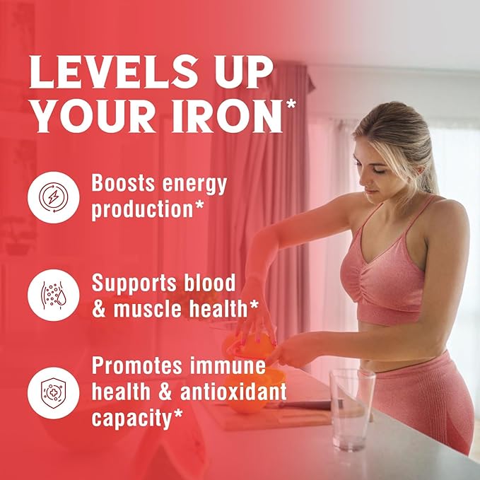 Iron Supplement, 65mg Carbonyl Iron with 250mg Vitamin C, Stomach Friendly Iron Pills for Blood Building Women & Men, High Absorption, No Nausea, No Constipation, Non-GMO, No Gluten, 180 Vegan Tabs
