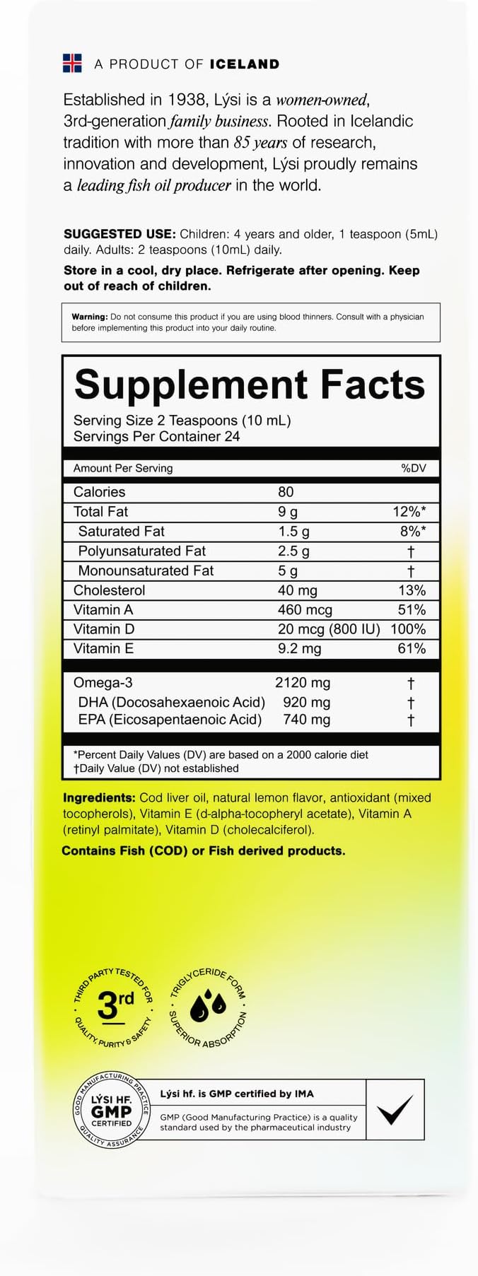 LYSI Icelandic Cod Liver Oil Liquid Supplement – 1,100 mg Omega-3 per Teaspoon – EPA 740 mg & DHA 920 mg per 2 TSP – with Vitamins A, D & E – Lemon Flavor 8.12 fl oz (24 Servings)