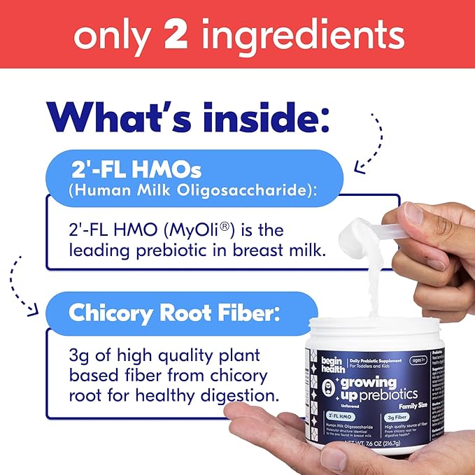 Begin Health Growing Up Prebiotics for Kids | Daily Prebiotic Fiber Supplement with 2'-FL HMO | Supports Regularity & Gut Health | Unflavored Powder | Ages 1+ | 56 Servings