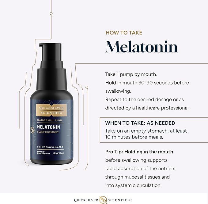 Quicksilver Scientific Liposomal Melatonin - Bedtime, Jet Lag & Immune Support Liquid for Adults - Efficient, Superior Absorption 1mg to Minimize Morning Drowsiness (30 ml)