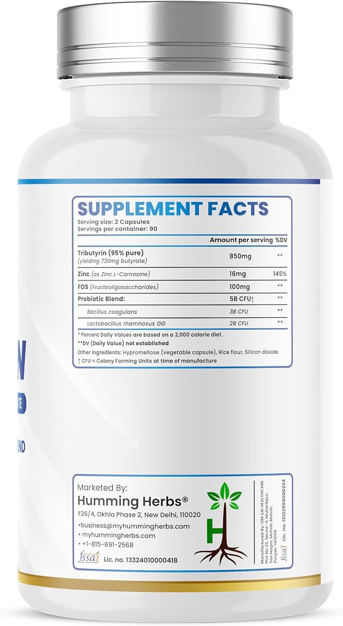 Humming Herbs Tributyrin Complex — 850 mg per Serving (95% Pure, yielding 731 mg Butyrate) with L-Glutamine, Zinc L-Carnosine, FOS & Probiotic Blend (180)