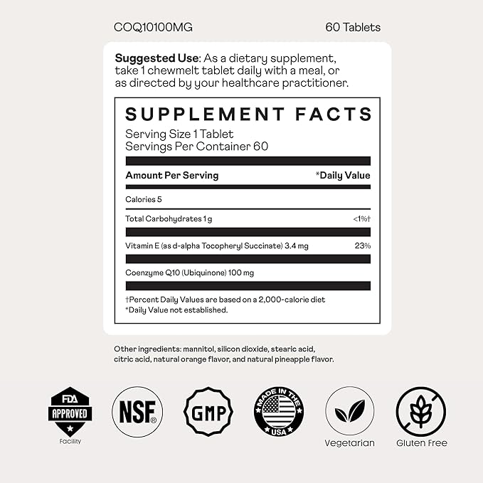 Nuray COQ10 100mg and Vitamin E Chewable Tablets - Quick Dissolving Orange Flavored Energy Supplements - Supports Heart Health & Liver Function - 60 Count, Vegetarian, Gluten Free