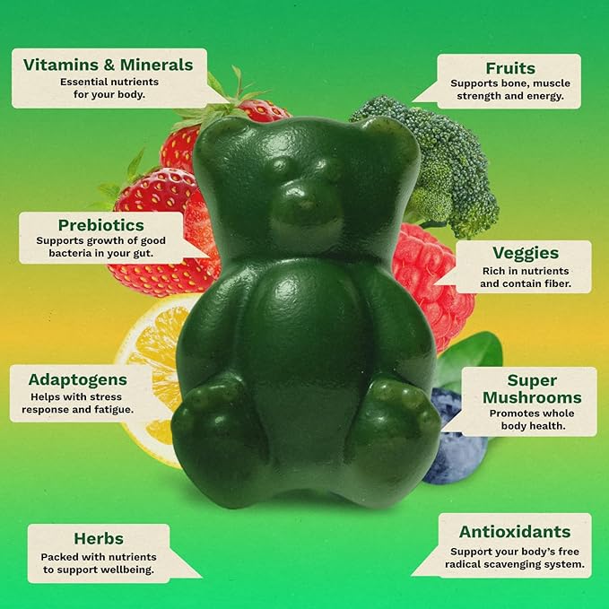 Gruns Adult Sugar-Free Super Greens Multivitamin Gummies, Superfood Gummy Vitamins for Women and Men with Spirulina, Chlorella, Adaptogens & Prebiotic Fiber for Digestive Health (28 Count)