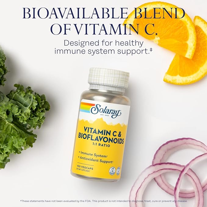 SOLARAY Vitamin C 500mg with Citrus Bioflavonoids, 1:1 Ratio - Antioxidant and Immune Support Supplement - Vitamin c with Rose HIPS and Acerola, Vegan, 60-Day Guarantee, 50 Servings, 100 VegCaps