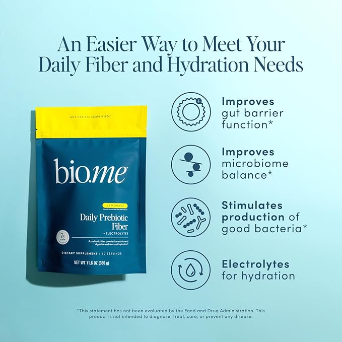 Bio.me Daily Prebiotic Fiber Lemonade with Electrolytes - 7g Per Serving - Soluble Fiber Supplement Powder for Women & Men - Digestive Health, Gut Health & Hydration - Sugar Free - 30 Servings
