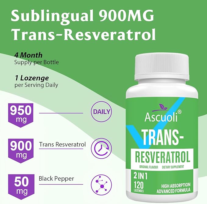 Sublingual Trans-Resveratrol Purity 99%, 3-in-1 Advanced Formula Resveratrol Supplement for Boost NAD+, Immune & Energy Support, Anti-Aging, Skin & Overall Health, 120 Lozenge (120-Day Supply)