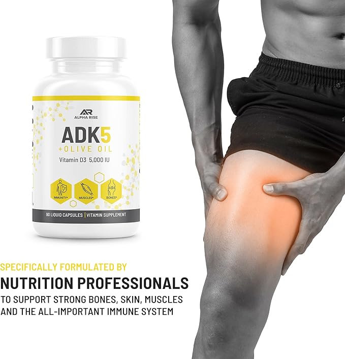 ADK Vitamin Supplement + Olive Oil for Better Absorption | ADK 5 Supplement with Vitamin A D and K | 5000 iu of Vitamin D3 + K2 (MK7+MK4) | 90 Liquid Capsules | Vegetarian | Non-GMO