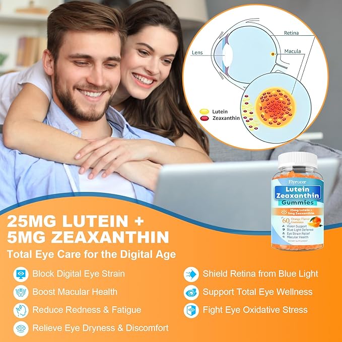 Sugar Free Lutein Gummies 25mg, Lutein and Zeaxanthin Supplements for Eye Health, 13-in-1 Eye Care Formula with Omega-3 Saffron&Vitamins-Vision Health, Eye Strain, Dry Eyes, Vegan Orange Flavor 60 Cts