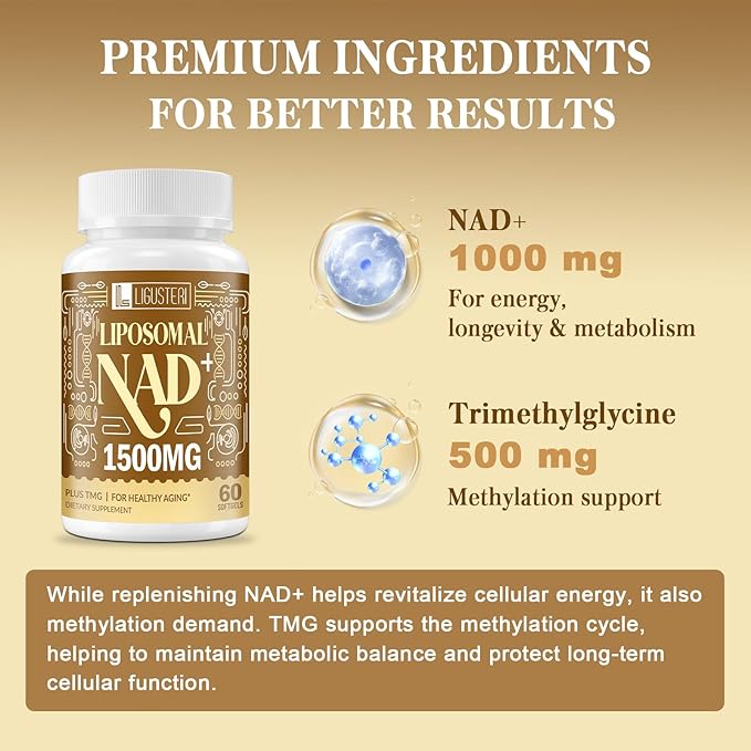 1500 MG Liposomal NAD+, 98%+ Absorption, NAD+ Supplement for Women & Men with TMG, for Aging Defense, Cellular Energy, Heart & Brain Function, Longevity, 120 Softgels