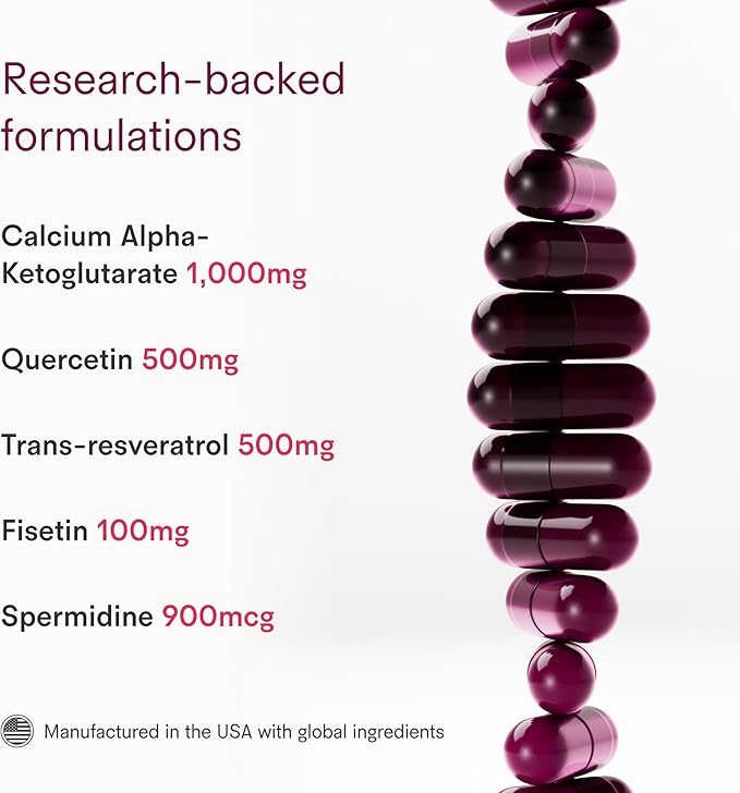 Tally Health Vitality Longevity Formula – Spermidine + Fisetin + Quercetin + Resveratrol + Calcium Alpha-Ketoglutarate | Supports Cellular Renewal, Healthy Aging, Energy & Autophagy | 120 Capsules