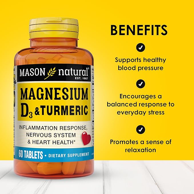 MASON NATURAL Magnesium & Vitamin D3 with Turmeric, 180,Day Supply, Dietary Supplement for Daily Wellness Support, 60 Tablets (Pack of 3)