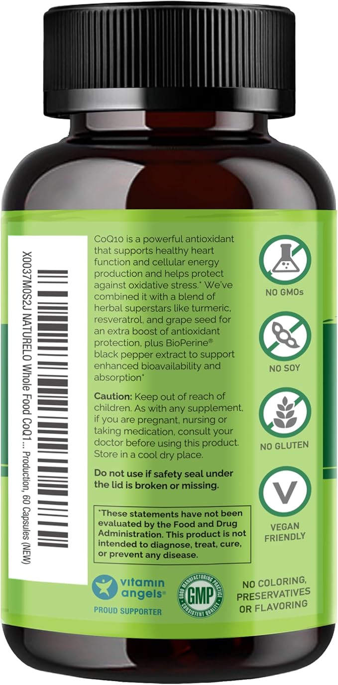 NATURELO Whole Food CoQ10 Supplement, 60 Veg Capsules, Heart Health Blend, Powerful Antioxidant, CoQ10 100mg for Energy Production