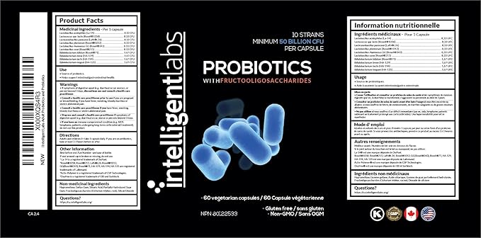 Intelligent Labs Probiotic 50 Billion CFU with Prebiotics, PHGG & FOS, No Refrigeration Needed, Once Daily, 10x Effectiveness, 60-Day Supply, Third-Party Verified