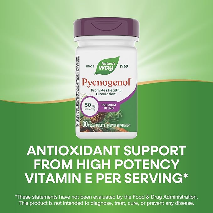 Nature's Way Pycnogenol Premium Blend, Promotes Healthy Circulation*, Antioxidant Support*, 50 mg per Serving, 30 Vegan Tablets (Packaging May Vary)