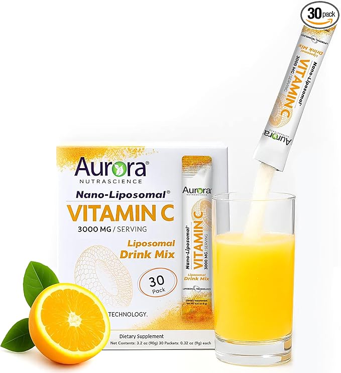 Aurora Nutrascience Nano-Pack Liposomal Vitamin C Powder Drink Mix - Healthy Immune Support for Adults, High Strength 3,000 mg Per Serving, Zero Sugar, - 30 Single Serve Packets, Orange