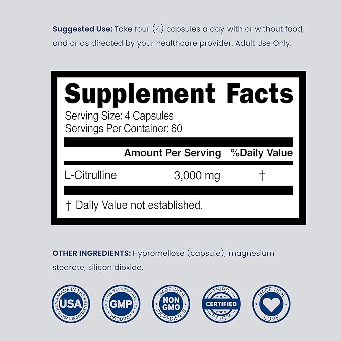 L Citrulline 3000mg Supplement (240 Capsules) Support L Arginine & Nitric Oxide Pills - L-Citrulline For Men & Women - Muscle Recovery & Pump Supplement - 3rd Party Tested, Vegan, Non-GMO - USA Made