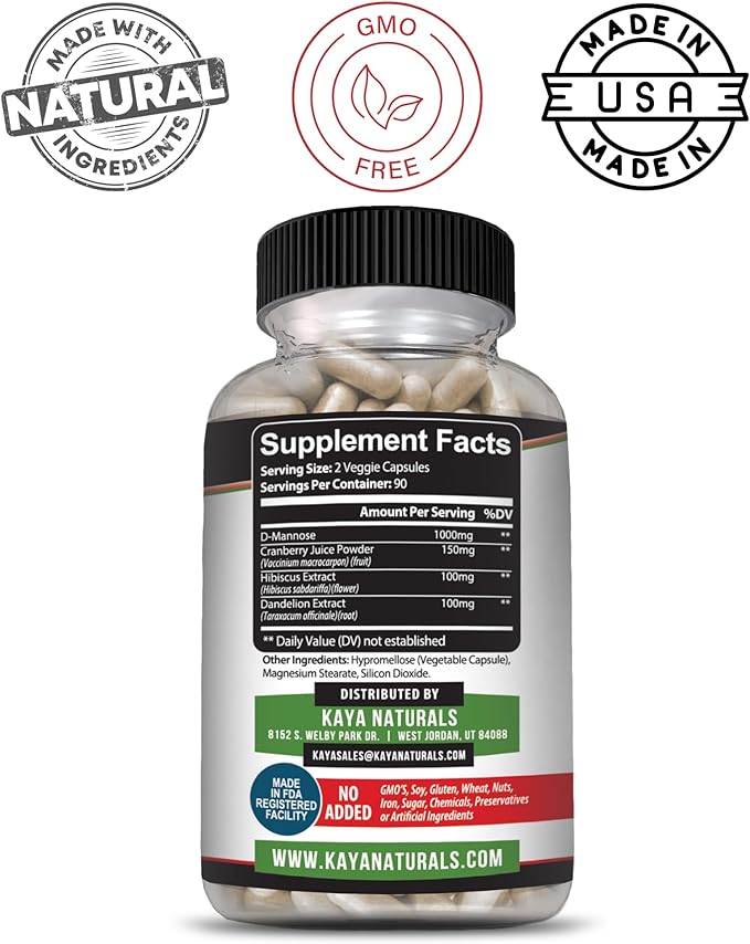 Kaya Naturals - D-Mannose - Urinary Tract UT Cleanse & Bladder Health - Made with Cranberry, Hibiscus & Dandelion Root - D Mannose Capsules Cranberry Supplement - 180 Veggie Capsules