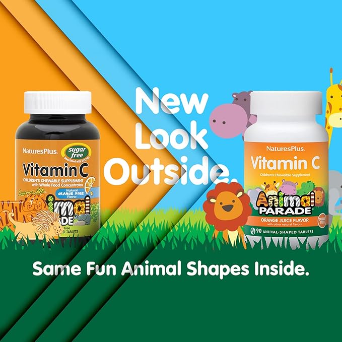 NaturesPlus Animal Parade Sugar-Free Children's Vitamin C, Natural Orange Juice Flavor - 90 Chewable Animal Shaped Tablets - Immune Support - Gluten Free - 45 Servings