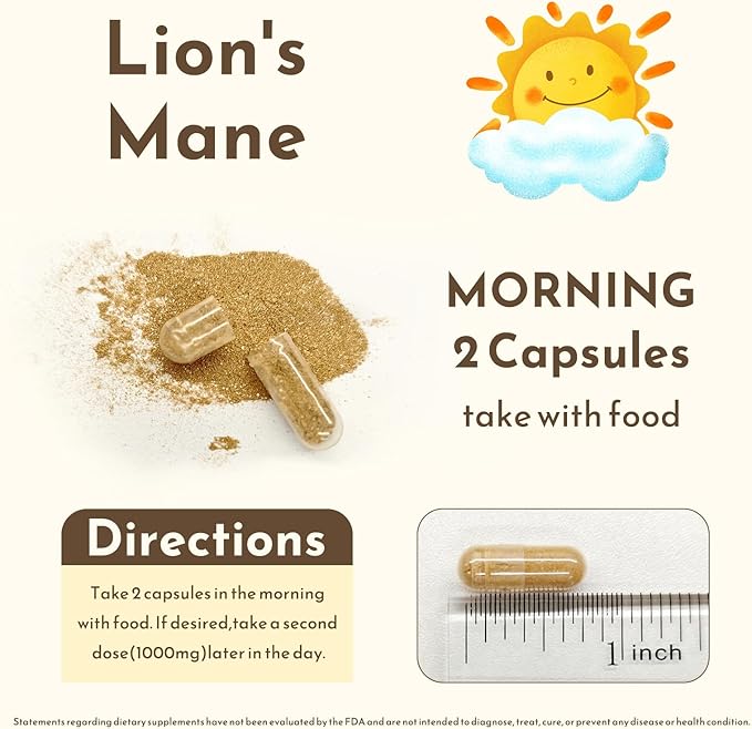 Lion's Mane Capsules, 1,000mg Lions Mane Supplement Capsules for Brain Health Support, Mushroom Powder Extract for Focus, Cognitive & Immune Health Support, 120 Count
