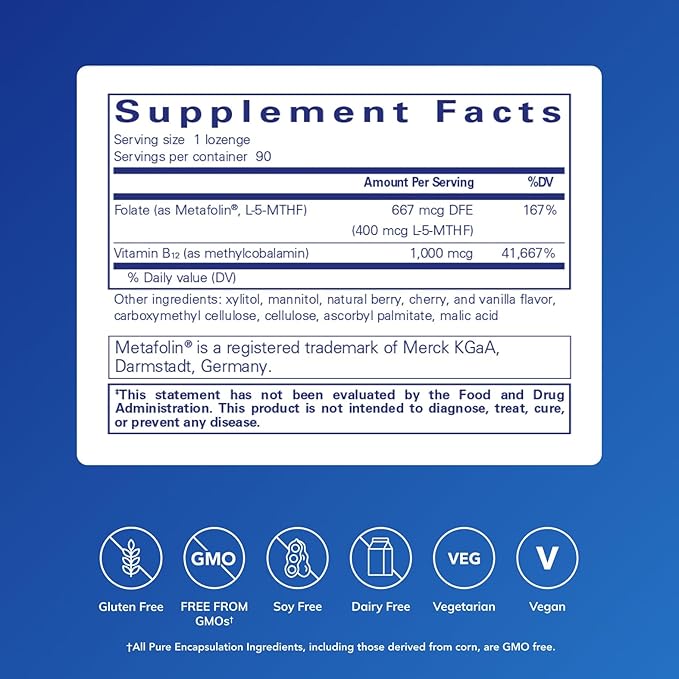 Pure Encapsulations PureMelt B12 Folate - Active B Vitamin with L-5-MTHF - Metabolism Support & Red Blood Cell Function* - Non-GMO & Vegan - 90 Lozenges